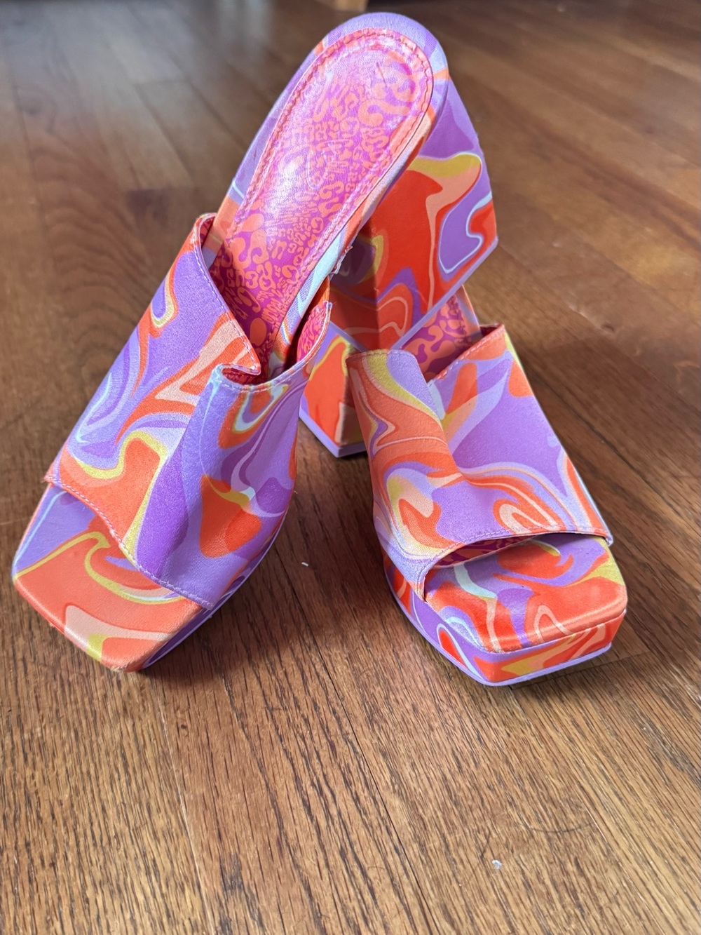 Platform Slide Heels in Purple & Orange Swirl